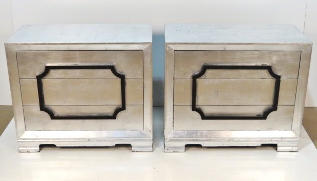 Pair JAMES MONT STYLE SILVERED CHESTS: Silver gilt with ebonized pulls. Very good condition. 33 1/4"h. x 39"w. x 19"d.
