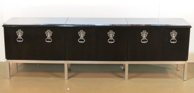 TOMMI PARZINGER STYLE EBONIZED 8 1/2 FOOT CONSOLE: Aluminum top with light wear. Good condition. 33"h. x 101"w. x 19"d.