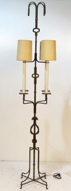 TOMMI PARZINGER STYLE IRON FLOOR LAMP: Brush gold and black painted finish. Good condition. 89"h. x 16 1/4"w. x 16 1/4"d.