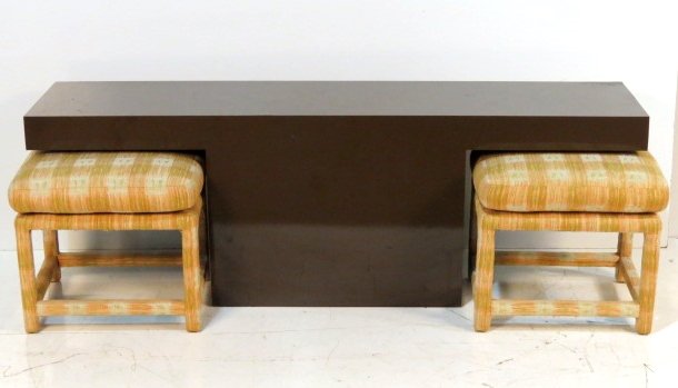 MILO BAUGHMAN UPHOLSTERED STOOLS & CONSOLE: Stools labeled. Brown laminate console unmarked. Good condition with worn fabric. 24"h. x 72"w. x 16"d.