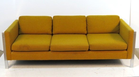 MILO BAUGHMAN UPHOLSTERED CHROME SOFA: Good condition. Stain on one cushion. 28"h. x 80"w. x 32 1/2"d.