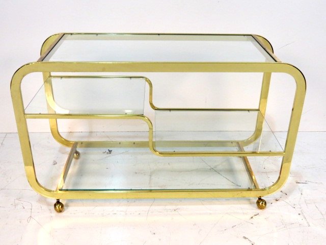 MILO BAUGHMAN STYLE BRASS & GLASS TEA CART: Very good condition. 28 1/2"h. x 46"w. x 14"d.