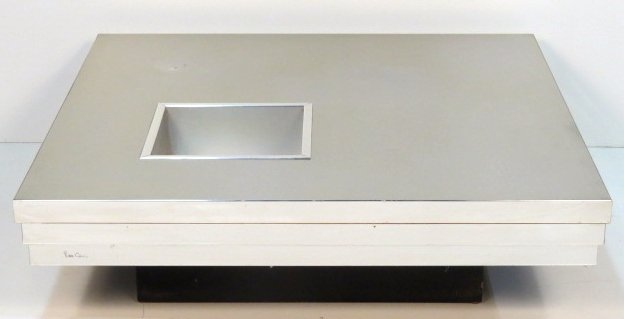 PIERRE CARDIN MODERN SQUARE COCKTAIL TABLE: Chrome metal, aluminum and wood. Scratches on top. Good condition. 13 1/4"h. x 47 1/4"sq.