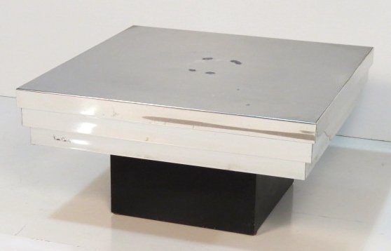 PIERRE CARDIN MODERN SQUARE END TABLE: Chrome metal, aluminum and wood. Four corosian spots on aluminum top. 16 1/4"h. x 30 1/4"sq.