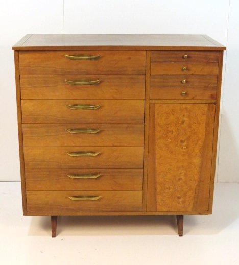 GEORGE NAKASHIMA WIDDICOMB WALNUT TALL CHEST: Walnut with burl wood panel. Very good condition. 49 1/4"w. x 47"w. x 22"d.