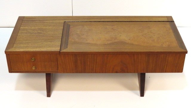 GEORGE NAKASHIMA WIDDICOMB LIFT TOP COFFEE TABLE: Walnut with burl wood panel. Very good condition. 16"h. x 46"w. x 16 3/4"d.