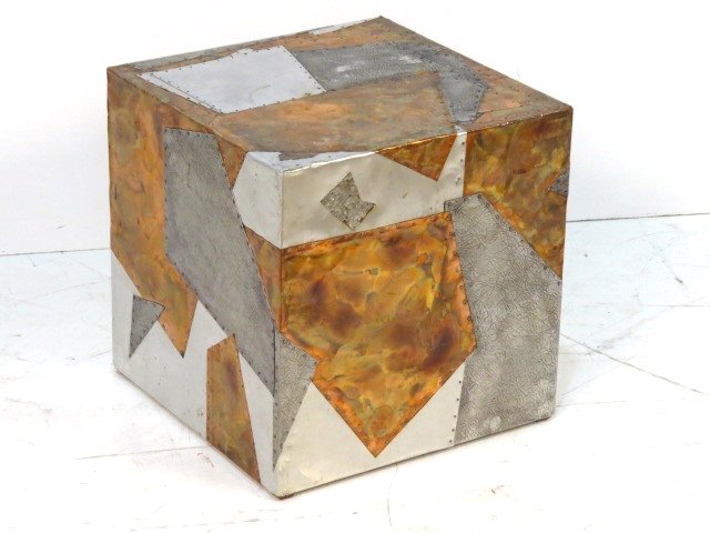 PAUL EVANS STYLE METAL PATCHWORK CUBE: Riveted sheet metal on wood. Very good condition. 15 3/4"sq.