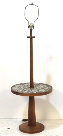 GORDON & JANE MARTZ MODERN TILE TOP LAMP TABLE: Walnut with ceramic tiles. Very good condition. 59"h. to top.