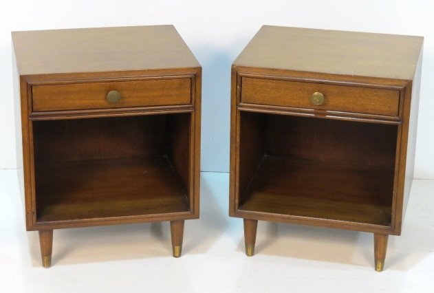Pair JOHNSON FURNITURE MODERN NIGHTSTANDS: Wear to finish. Small damage on top corner. Good condition. 24"h. x 20"w. x 18"d.