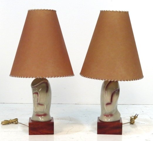 Pair HEIFETZ CUBIST MODERN CERAMIC TABLE LAMPS: Vellum shades. Signed Heifetz. Very good condition. 27"h. to top.