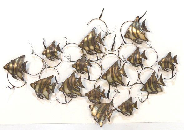 CURTIS JERE STYLE METAL FISH WALL SCULPTURE: Surface rust. Unsigned. Fair condition. 39"h. x 59"w.