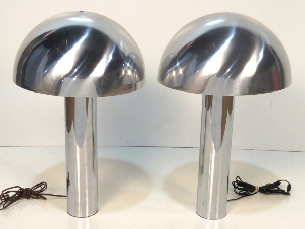 Pair ROBERT SONNEMAN MODERN CHROME MUSHROOM LAMPS: Chrome metal. One replaced shade bolt. Very good condition. 26"h. x 16 1/2"diam. Shade.