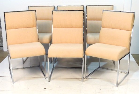 6 MILO BAUGHMAN STYLE CHROME DINING CHAIRS: Some small marks on fabric. Very good condition. 37 3/4"h. x 20"w. x 25 1/2"d.