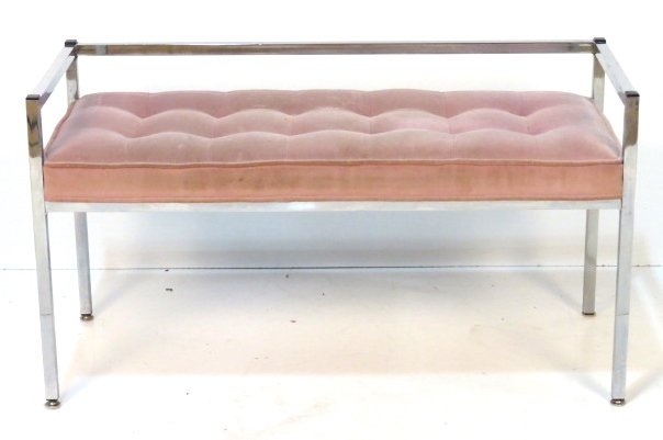 MILO BAUGHMAN STYLE CHROME TUFTED BENCH: Light soiling to fabric. Good condition. 23"h. x 41"w. x 17"d.
