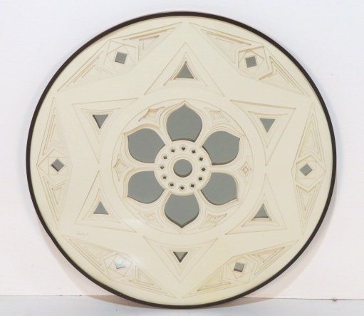 1970's GREG COPELAND ROUND PAPER WALL SCULPTURE: Three dimensional cut paper and mirrored back. Pencil signed Copeland. Very good condition. 40"diam.