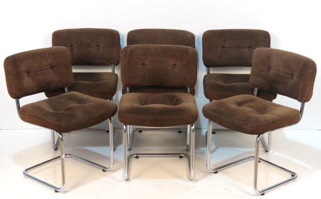 6 ROCHE BOBOIS CHROME & SUEDE DINING CHAIRS: Very good condition. 30"h. x 19"w. x 22"d.