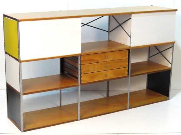 CHARLES & RAY EAMES FOR HERMAN MILLER ESU STORAGE UNIT: Restored. Replaced white sliding door panels. Large scratch on yellow panel. Good condition. 41"h. x 70"w. x 16 1/2"d.