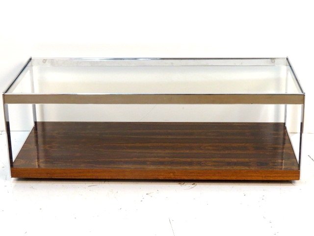 RICHARD YOUNG for MERROW ROSEWOOD COFFEE TABLE: Merrow Associates. Rosewood, chrome and glass. Good condition. Small chip in glass. 16 1/4"h. x 48"w. x 22 1/4"d.