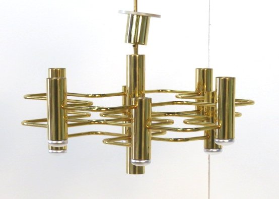 GAETANO SCIOLARI ITALIAN MODERN CHANDELIER: Brass plated metal. Missing one original bulb. Very good condition. 30"h. x 27" square