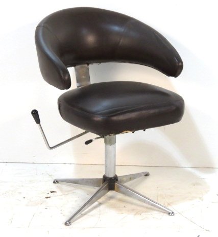 ITALIAN MODERN CHROME & BROWN VINYL TASK CHAIR: Torn seat. Fair condition. 32 1/2"h. x 23 1/2"w. x 24"d.