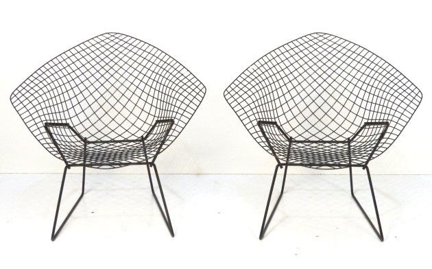 Pair HARRY BERTOIA WIRE DIAMOND CHAIRS: Original black paint with light wear. Very good condition. 30"h. x 33 1/4"w. x 27"d.