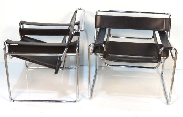 Pair ITALIAN WASSILY CHAIRS after MARCEL BREUER: Few marks on leather. Very good condition. 29"h. x 30 1/2"w. x 26"d.
