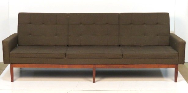 FLORENCE KNOLL UPHOLSTERED SOFA: Teak wood base. Good condition. 31 1/2"h. x 90"w. x 30 1/2"d.