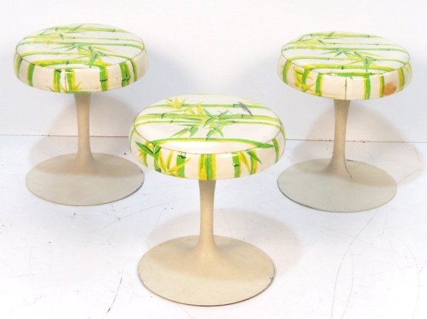 3 EERO SAARINEN for KNOLL TULIP STOOLS: Enamel losses to bases. Wear and holes to upholstery. Fair condition. 16 1/2"h. x 14 1/2"diam.