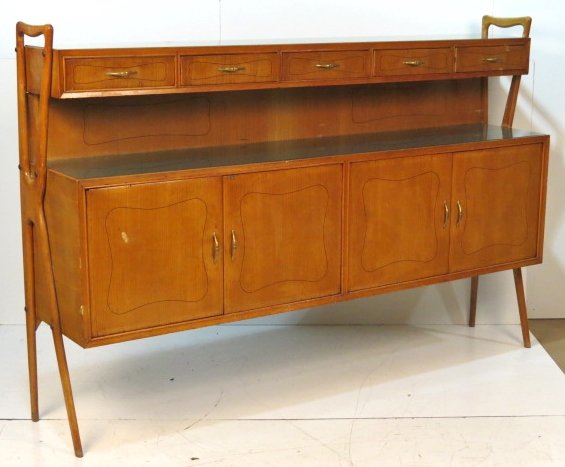 ICO PARISI STYLE ITALIAN MODERN SIDEBOARD: Wear and veneer damages. Green painted glass tops. Fair condition. 56"h. x 84 1/2"w. x 17 1/2"d.