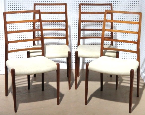 4 J.L. MOLLER DANISH MODERN DINING CHAIRS: Soiled fabric. Very good condition. 37 1/4"h. x 20"w. x 21"d.