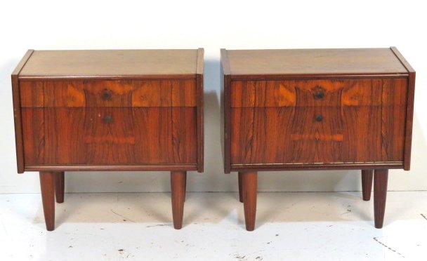 Pair DANISH MODERN ROSEWOOD STANDS: Two drawers.Various small scratches and blemishes. Good condition. 20"h. x 22"w. x 12"d.
