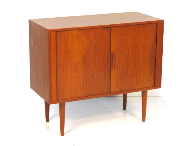 KAI KRISTIANSEN DANISH TEAK SLIDING DOOR CABINET: Good condition. 30"h. x 33 3/4"w. x 15 3/4"d.