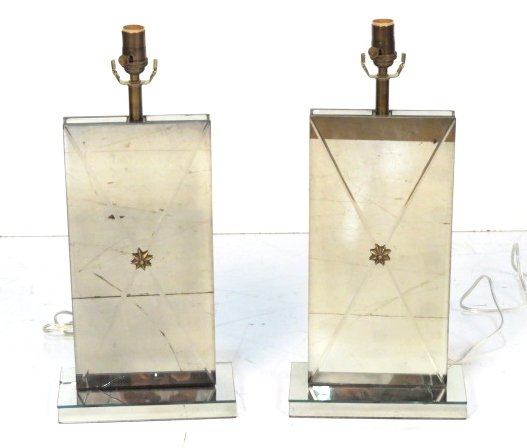 Pair CONTEMPORARY MIRRORED TABLE LAMPS: Cracked mirror on bases. Fair condition. 25"h.