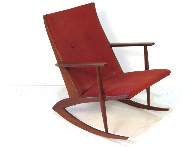 KAGAN STYLE MODERN WALNUT ROCKING CHAIR: Walnut. Good condition with wear to finish. 30 1/2"h. x 24 3/4"w. x 28"d.