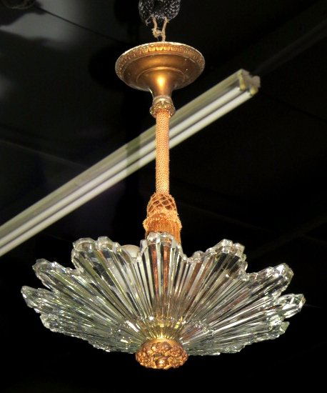 FRENCH ART DECO BRONZE & GLASS HANGING LIGHT: Heavy glass shade. Ornate cast bronze bottom. 19"h. x 17" diameter. Very good condition.