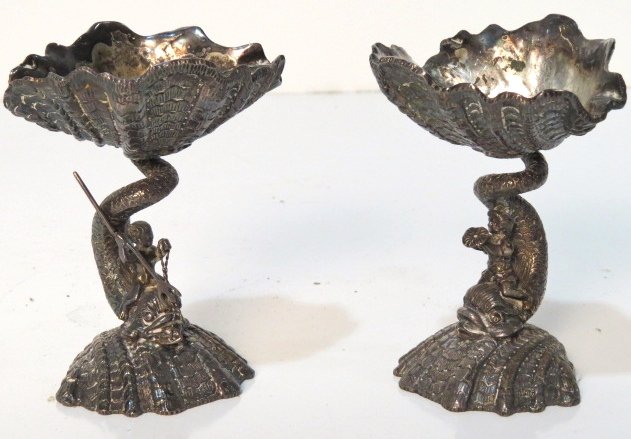 Pair 5" ELLIS BARKER SILVERPLATE DOLPHIN COMPOTES: Figural English silverplate compotes with shells, dolphins, and puttis. Menorah hallmark.