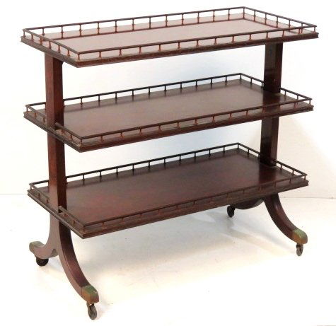 SCHMIEG & KOTZIAN THREE TIER MAHOGANY SERVING CART: Three tier mahogany cart with galleries. 36 1/2"h. x 38 1/4"w. x 18 1/4"d.