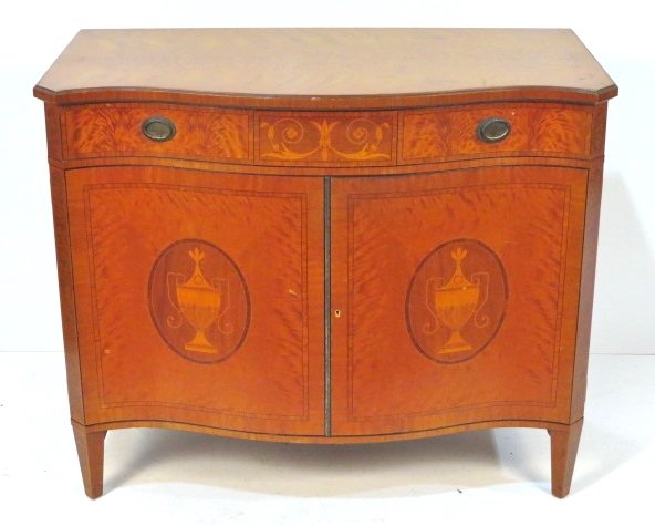 SCHMIEG & KOTZIAN ADAMS STYLE INLAID SATINWOOD SERVER: Satinwood server with inlay and banding. Serpentine front. 34 1/2"h. x 42 1/4"w. x 22"d.