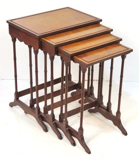 SCHMIEG & KOTZIAN BURL WALNUT NESTING TABLES: 4 burl walnut nesting tables. 25 1/4"h. x 19 3/4"w. x 13 1/2"d.