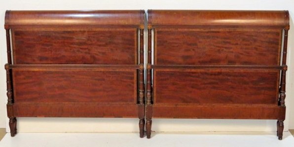 Pair SCHMIEG & KOTZIAN INLAID MAHOGANY TWIN BEDS: Pair mahogany beds with banding and inlay. Includes rails. 41 1/2"h.