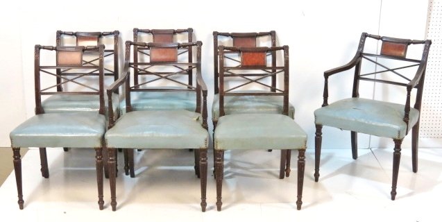 SET of 7 SCHMIEG & KOTZIAN SHERATON DINING CHAIRS: Solid mahogany with burl wood panels. Leather seats. Armchair measures 34 3/4"h. x 22"w. x 24"d.