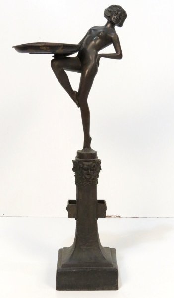PETER TERESZCZUK 36" ART DECO BRONZE SMOKE STAND: Signed P. Tereszczuk, Made in Austria.