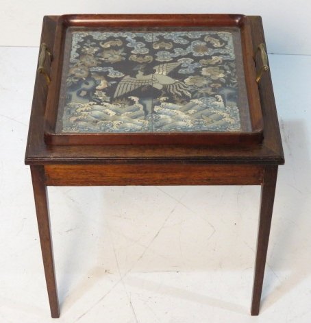 MAHOGANY SIDE TABLE w/ JAPANESE TAPESTRY TRAY: Tray top with Japanese tapestry under glass. 17 1/2"h. x 15 1/2"sq.