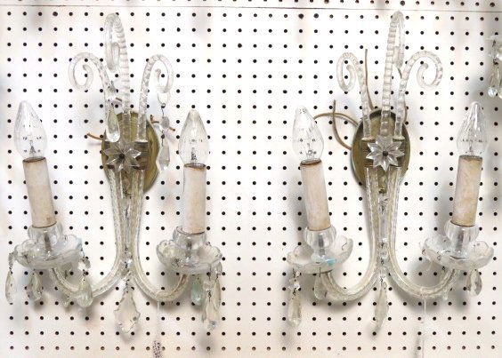 2 ANTIQUE CRYSTAL SCONCES: Crystal curls. 18"h. x 12"w. x 6 1/2"d.