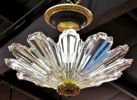 ART DECO CEILING FIXTURE w/ GLASS SHADE: Metal with bronze bottom. Glass shade. 14"h. x 16"diam. Measures 11"h. from ceiling.