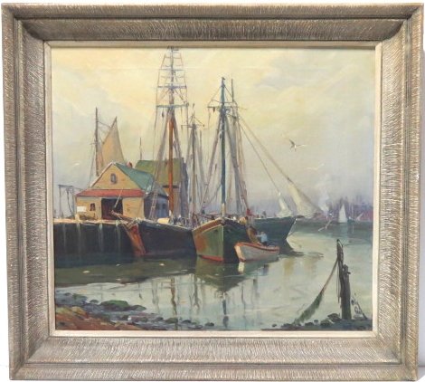 OTIS COOK OIL PAINTING HARBOR SCENE: Signed Otis Cook. Oil on canvas. 18"h. x 20"w. Frame 24 7/8"h. x 22 7/8"w.