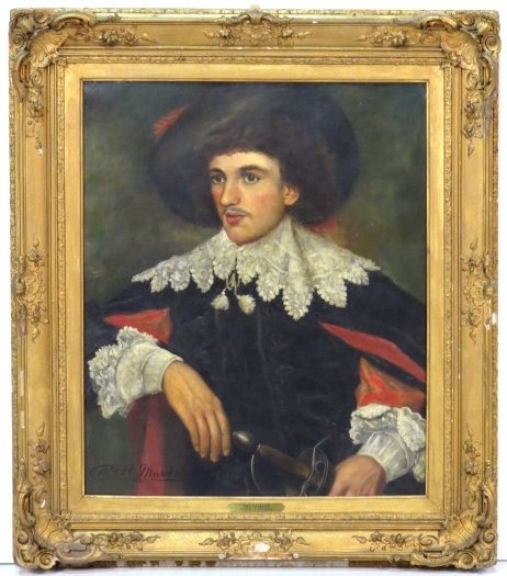 CHARLES H. MARSHALL PAINTING "CAVALIER": Oil on canvas. Signed Chas. H. Marshall, 1882. 30"h. x 25"w. Frame 39 3/4"w. x 34 3/4"w.