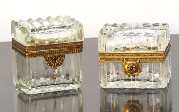Pair FRENCH CRYSTAL BRONZE MOUNTED HINGED BOXES: Pair crystal hinged boxes. 4 1/4"h. x 3 3/4"w. x 2 3/4"d.