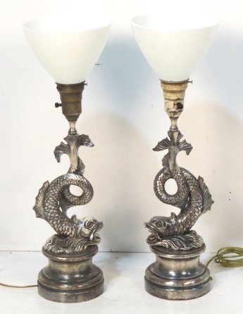 Pair ANTIQUE SILVERPLATE METAL DOLPHIN LAMPS: Pair silverplate metal dolphin lamps. Unmarked but possibly pairpoint. 25 1/4"h. To top of dolphin 15 1/4"h.