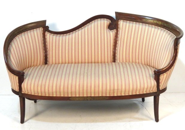FRENCH EMPIRE STYLE BRONZE MOUNTED RECAMIER: Mahogany with bronze mounts and mouldings. 37"h. x 67"w. x 30"d.